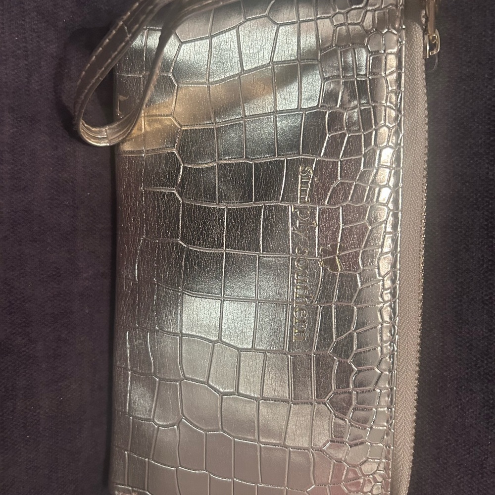Silver Croc-Embossed Wristlet